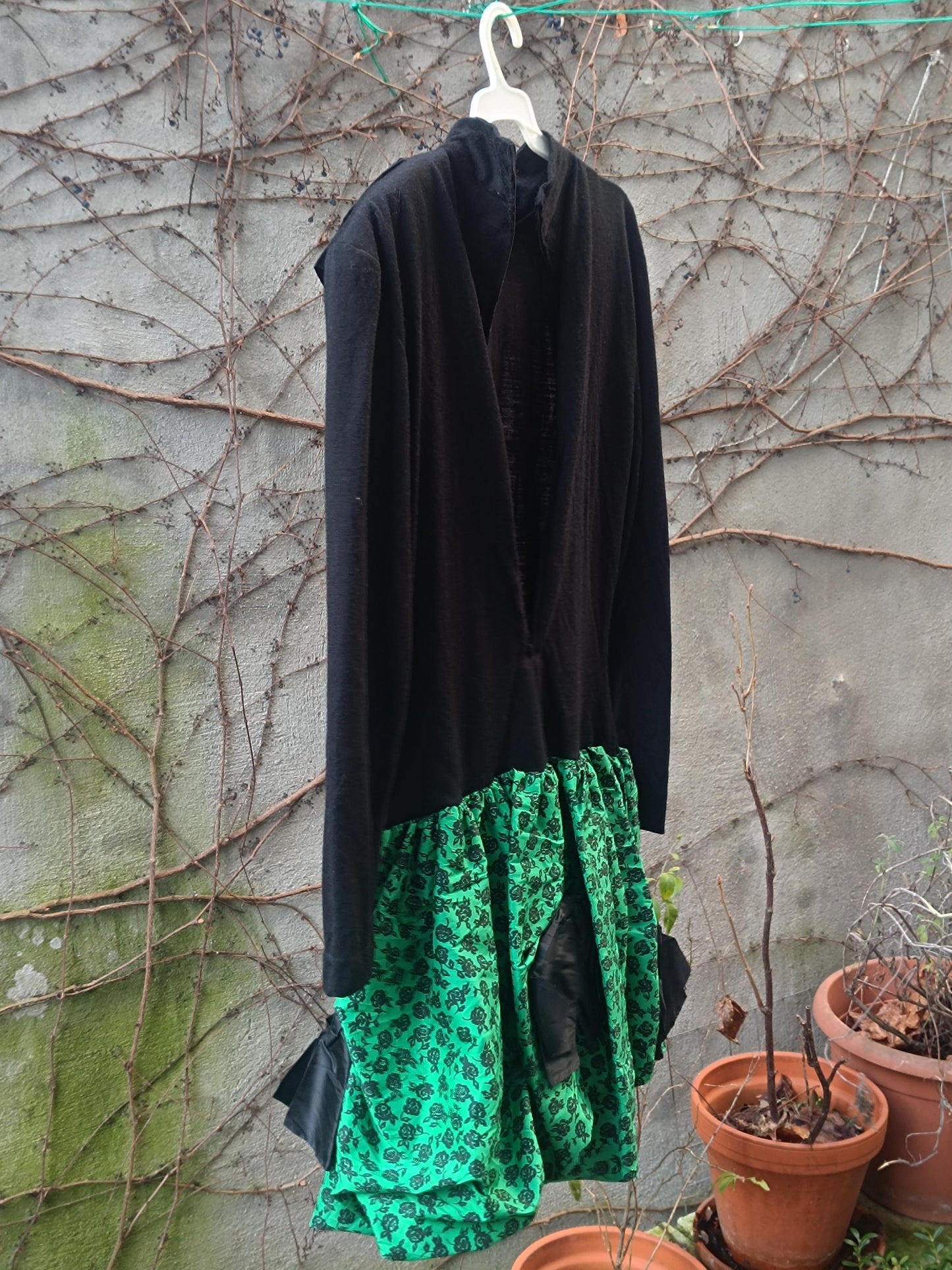 Vintage 80s Handmade Mini Dress Black Green Balloon Skirt High Neck Bow Applique XS-S