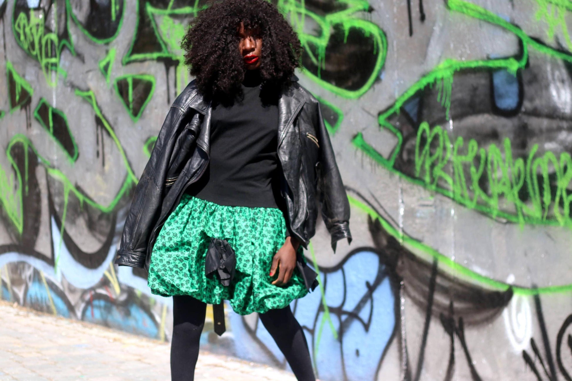 Vintage 80s Handmade Mini Dress Black Green Balloon Skirt High Neck Bow Applique XS-S