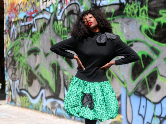 Vintage 80s Handmade Mini Dress Black Green Balloon Skirt High Neck Bow Applique XS-S