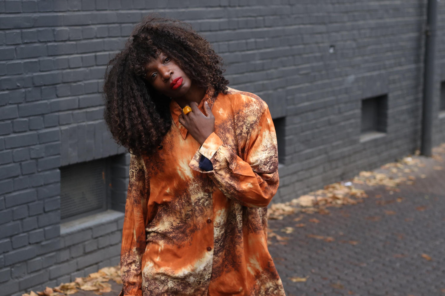 Vintage 90s Animal Print Blouse Orange Shirt Dress Oversized Long Shirt