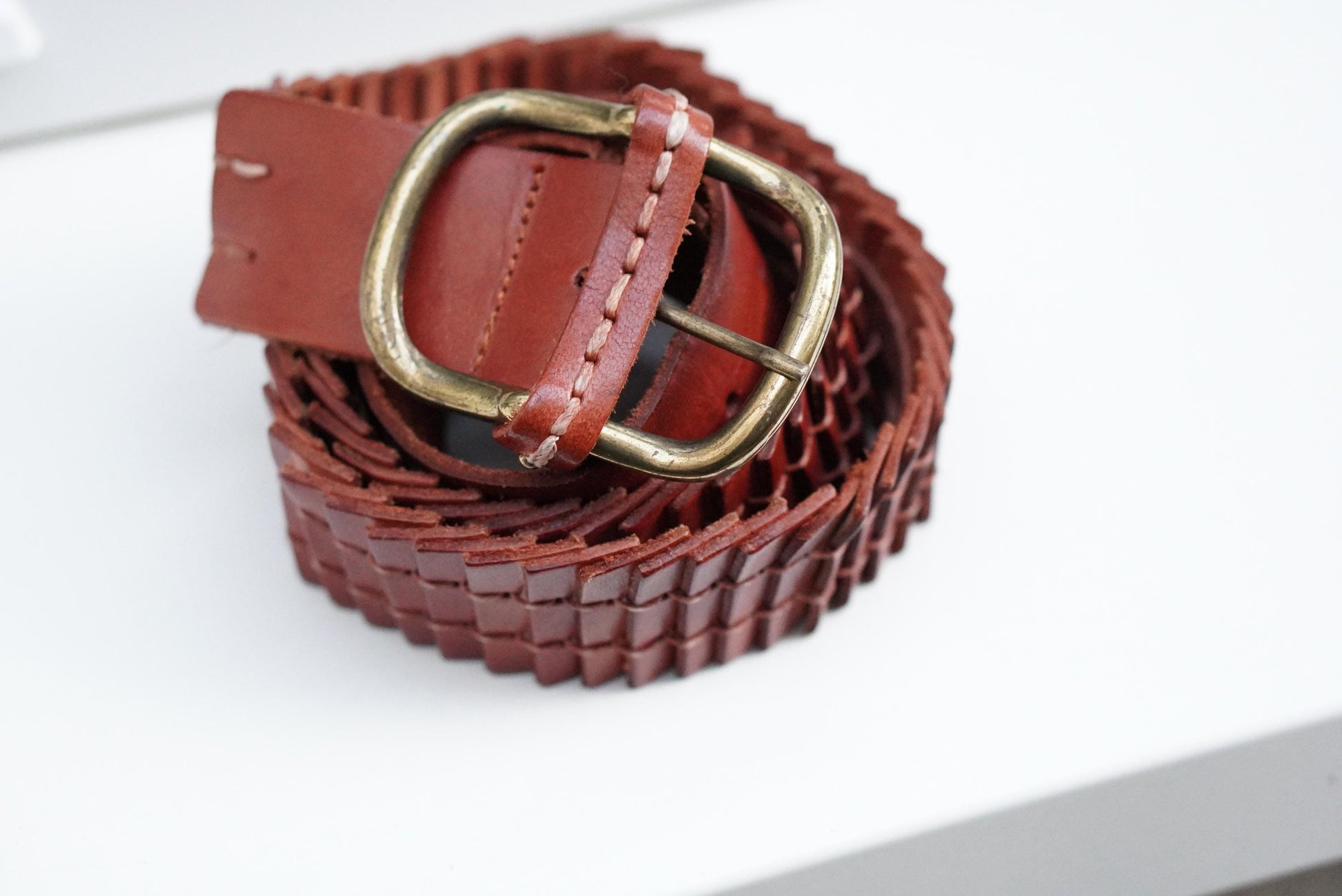 Zara Braided Leather Belt Cognac Brown Woven Wide Brass Buckle Vintage Style M