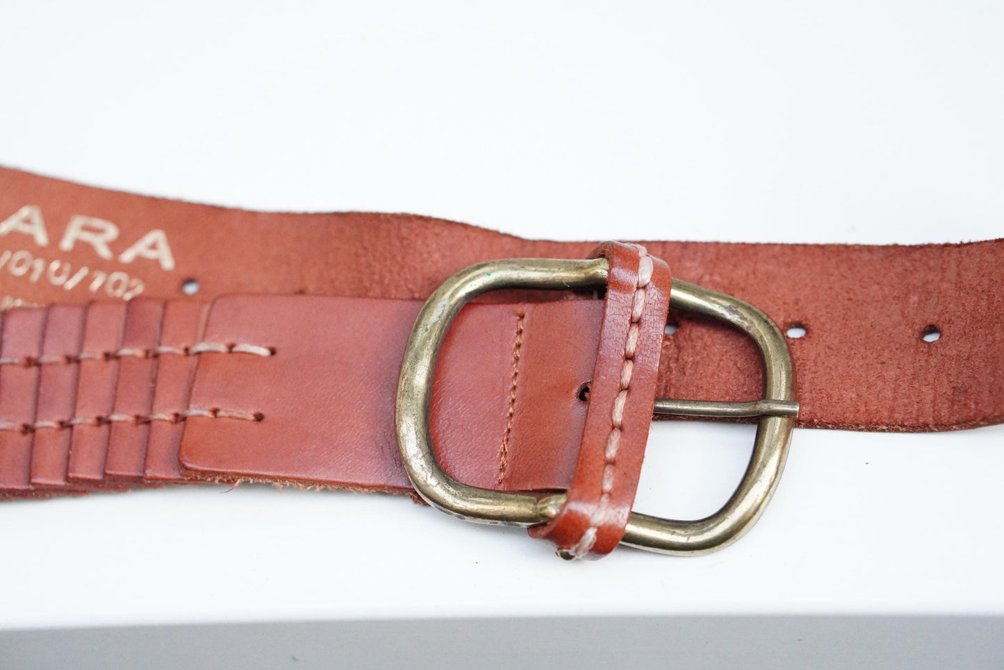Zara Braided Leather Belt Cognac Brown Woven Wide Brass Buckle Vintage Style M