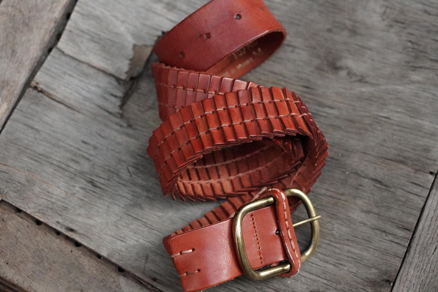 Zara Braided Leather Belt Cognac Brown Woven Wide Brass Buckle Vintage Style M