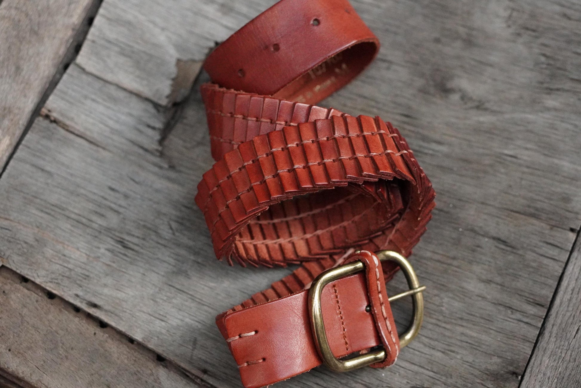 Zara Braided Leather Belt Cognac Brown Woven Wide Brass Buckle Vintage Style M