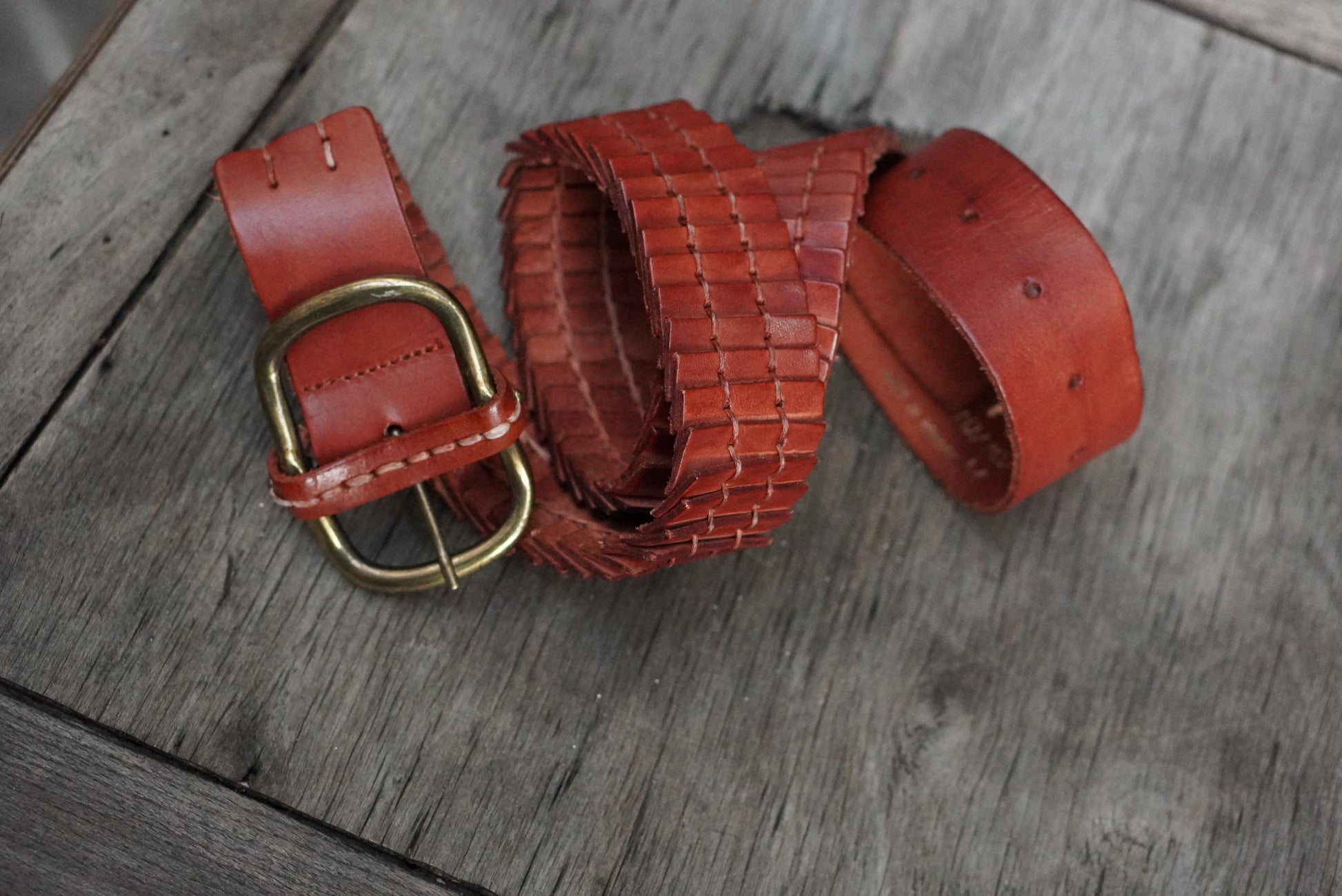 Zara Braided Leather Belt Cognac Brown Woven Wide Brass Buckle Vintage Style M