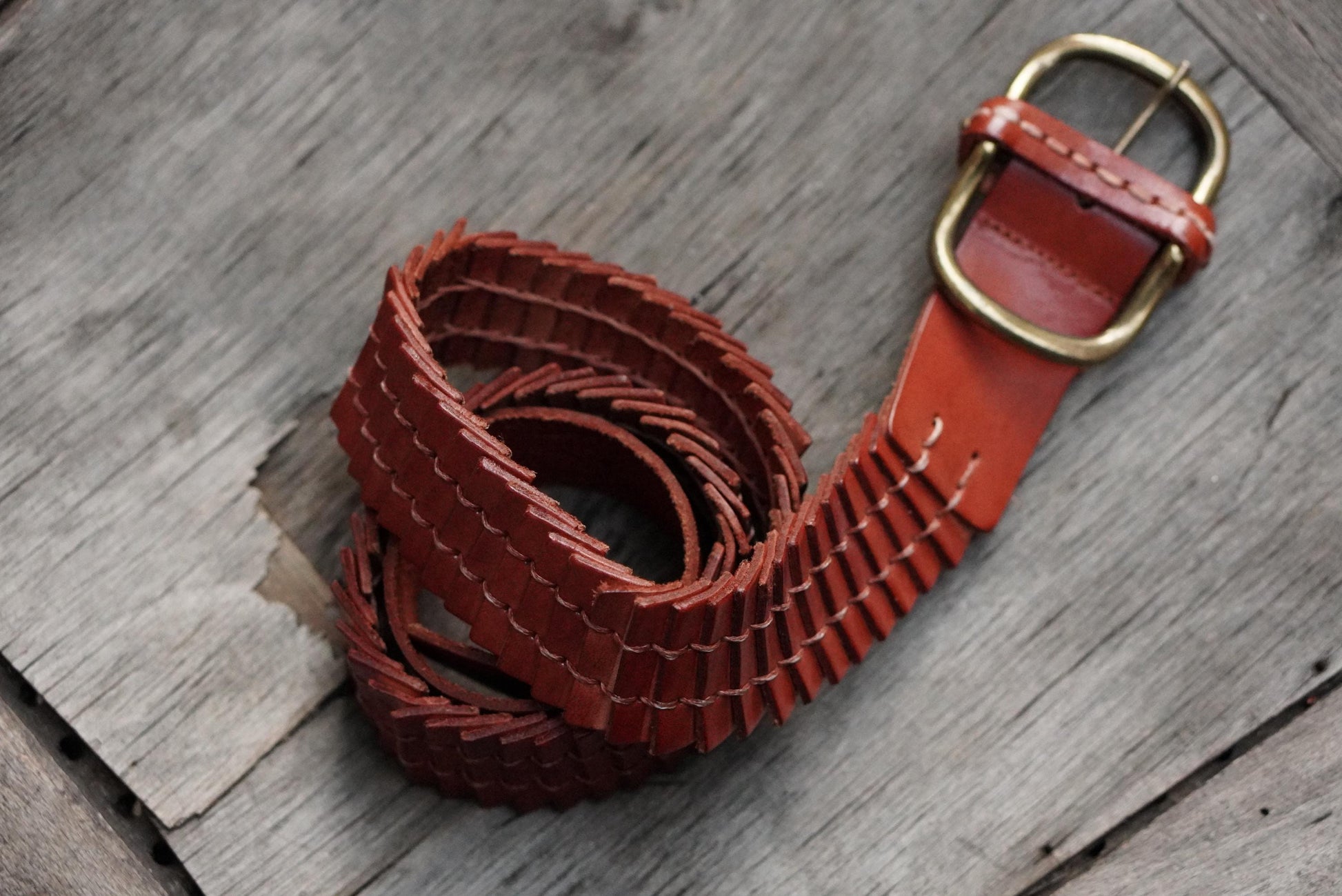 Zara Braided Leather Belt Cognac Brown Woven Wide Brass Buckle Vintage Style M