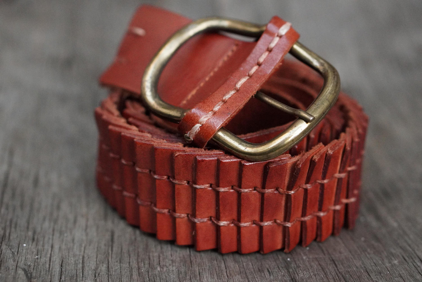 Zara Braided Leather Belt Cognac Brown Woven Wide Brass Buckle Vintage Style M