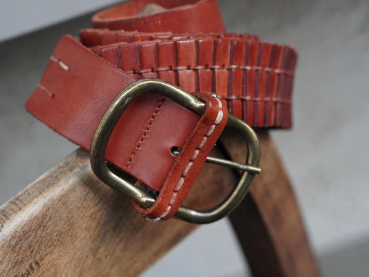 Zara Braided Leather Belt Cognac Brown Woven Wide Brass Buckle Vintage Style M