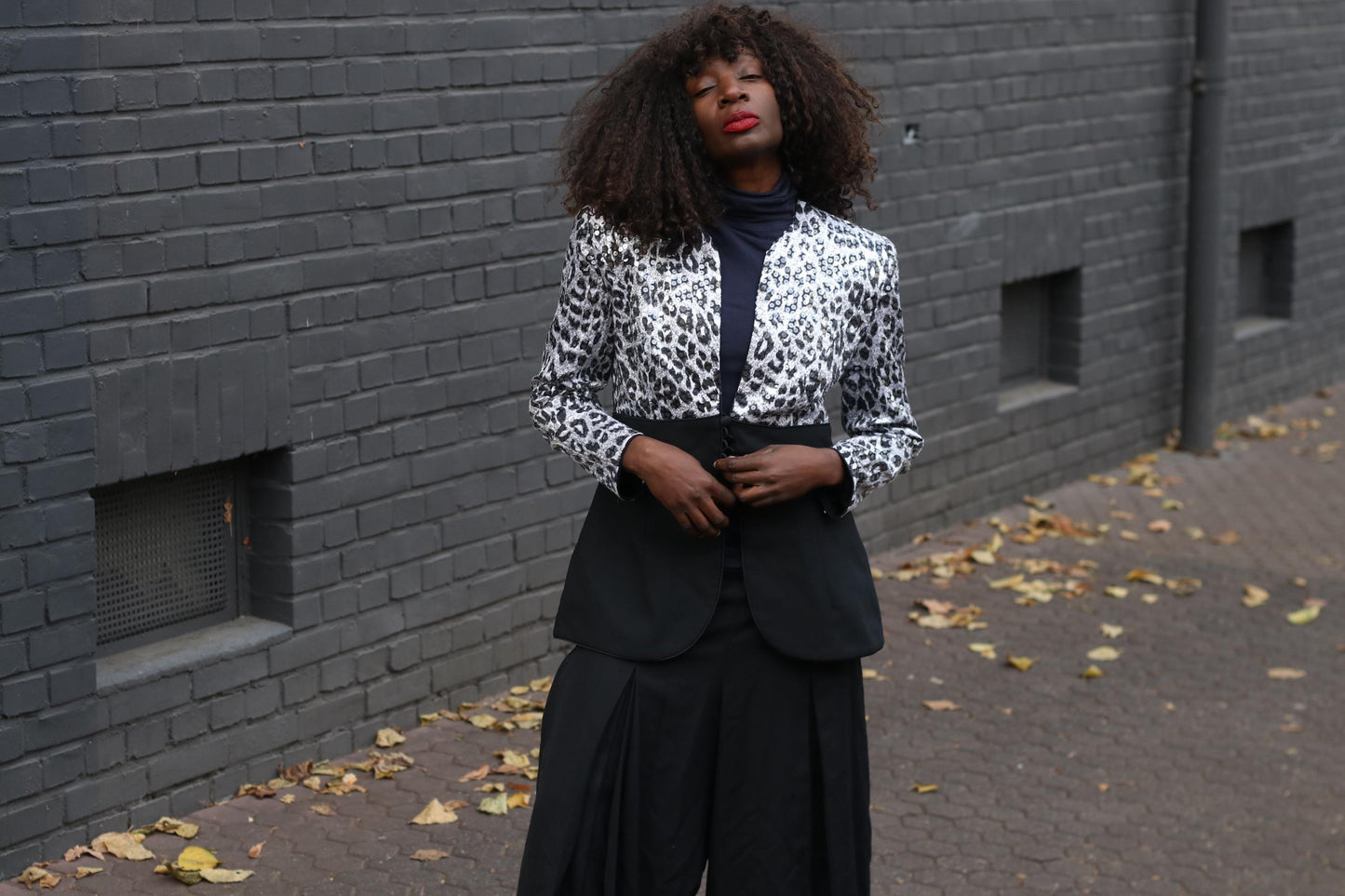 Vintage 90s Sequin Blazer Karen Laurence Animal Print Black Evening Jacket S/M