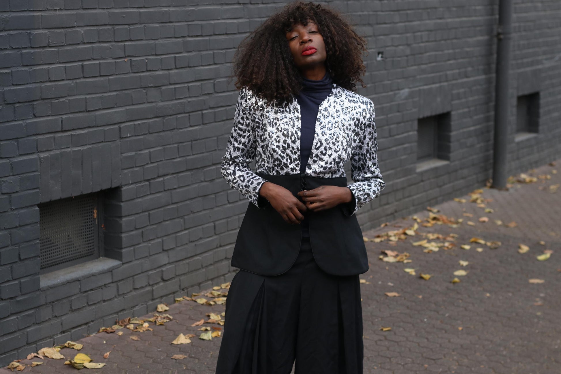 Vintage 90s Sequin Blazer Karen Laurence Animal Print Black Evening Jacket S/M