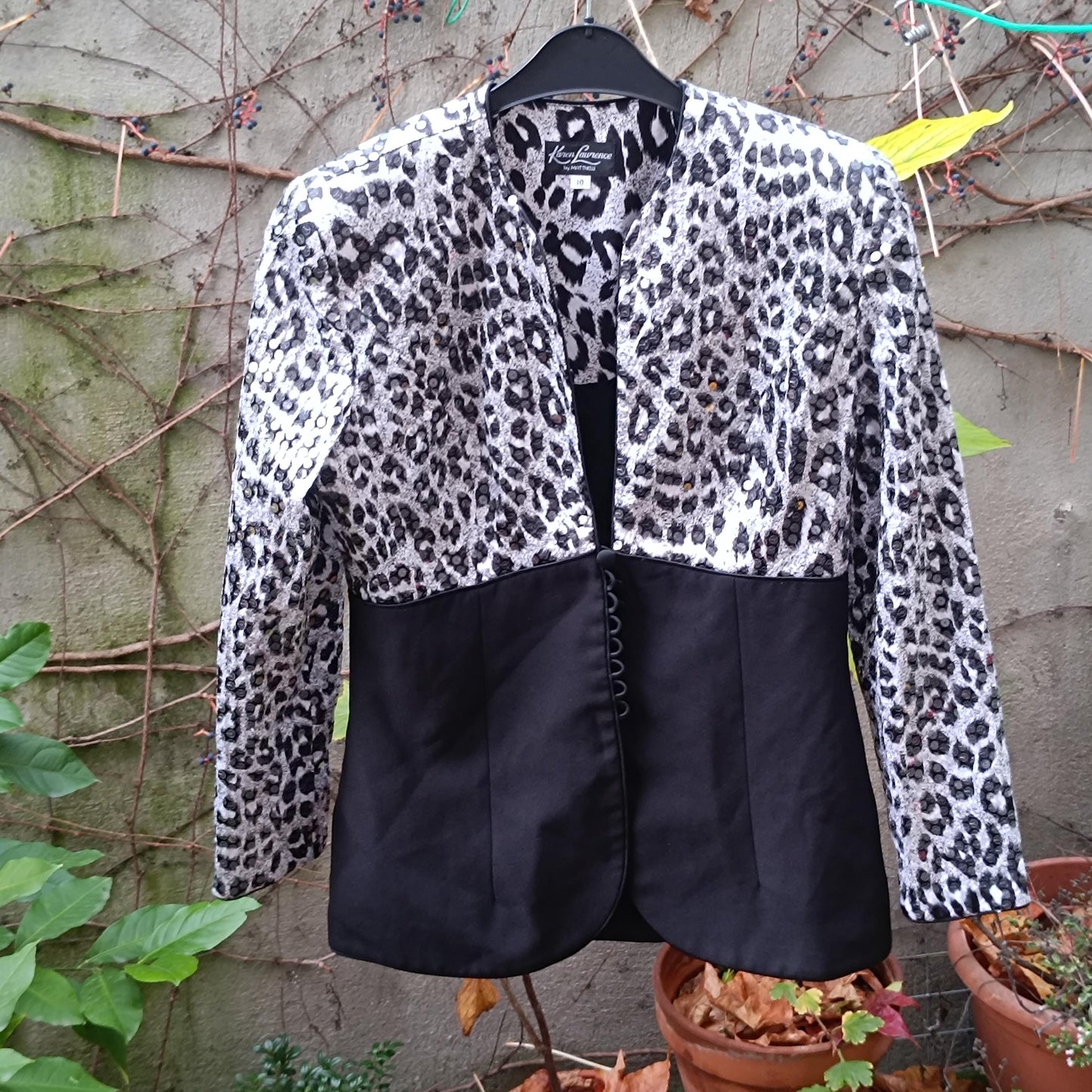 Vintage 90s Sequin Blazer Karen Laurence Animal Print Black Evening Jacket S/M