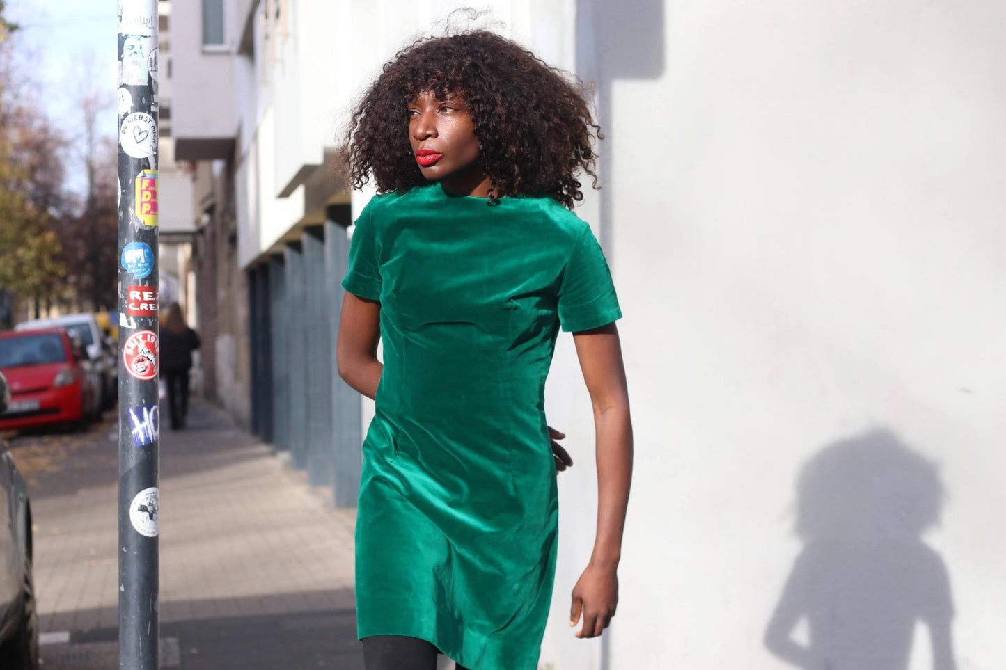 Vintage Handmade Velvet-Look Dress Emerald Green Shift Mini Mod 60s 70s Mock Neck