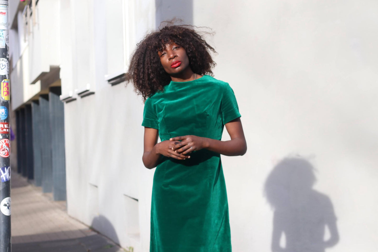 Vintage Handmade Velvet-Look Dress Emerald Green Shift Mini Mod 60s 70s Mock Neck