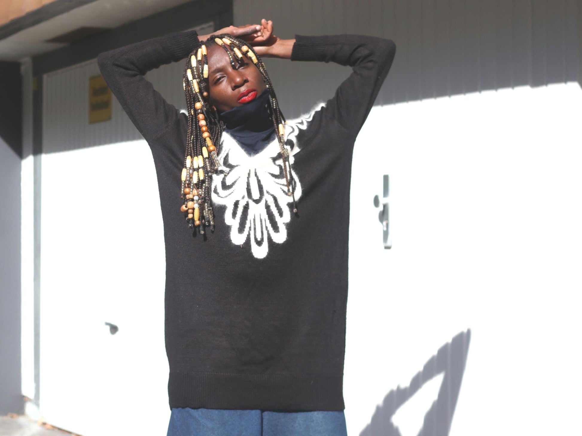 Vintage H&M Graphic Knit Sweater Black White Oversize Jumper Crewneck Layering