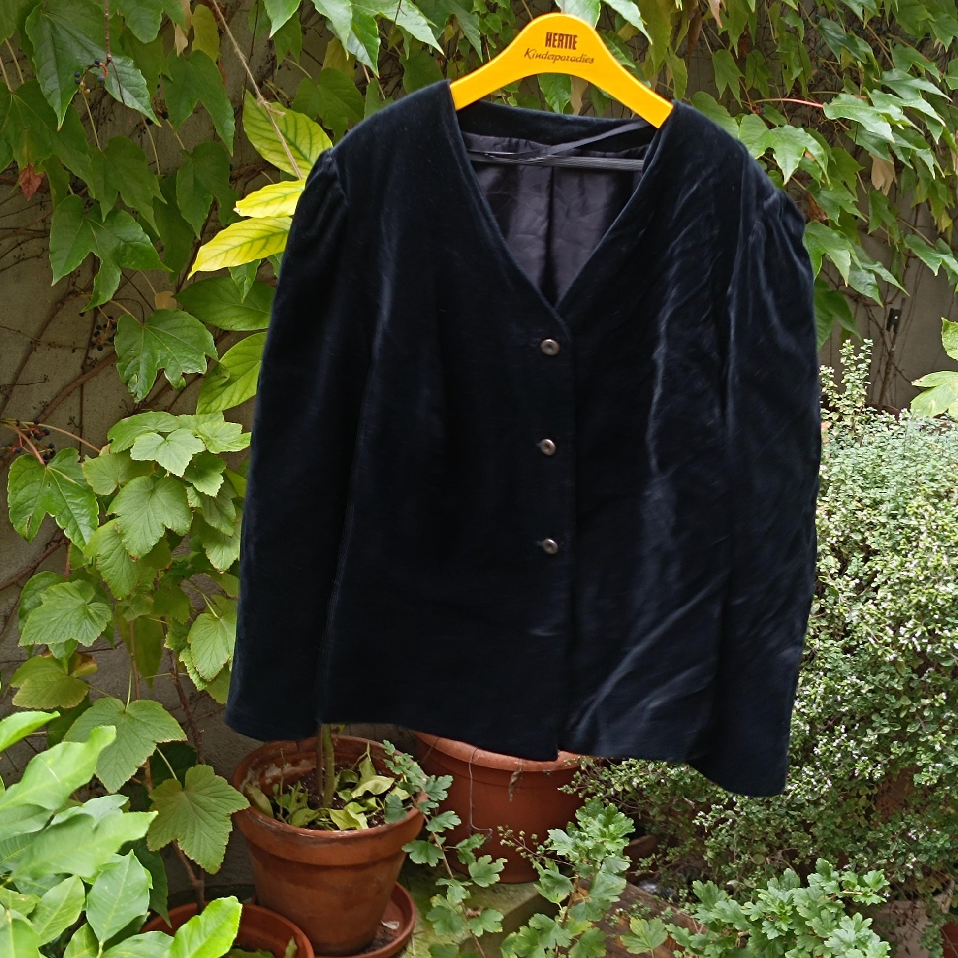 Vintage Black Velvet Blazer 100% Cotton Boxy Puffed Sleeve 80s Creation Atelier