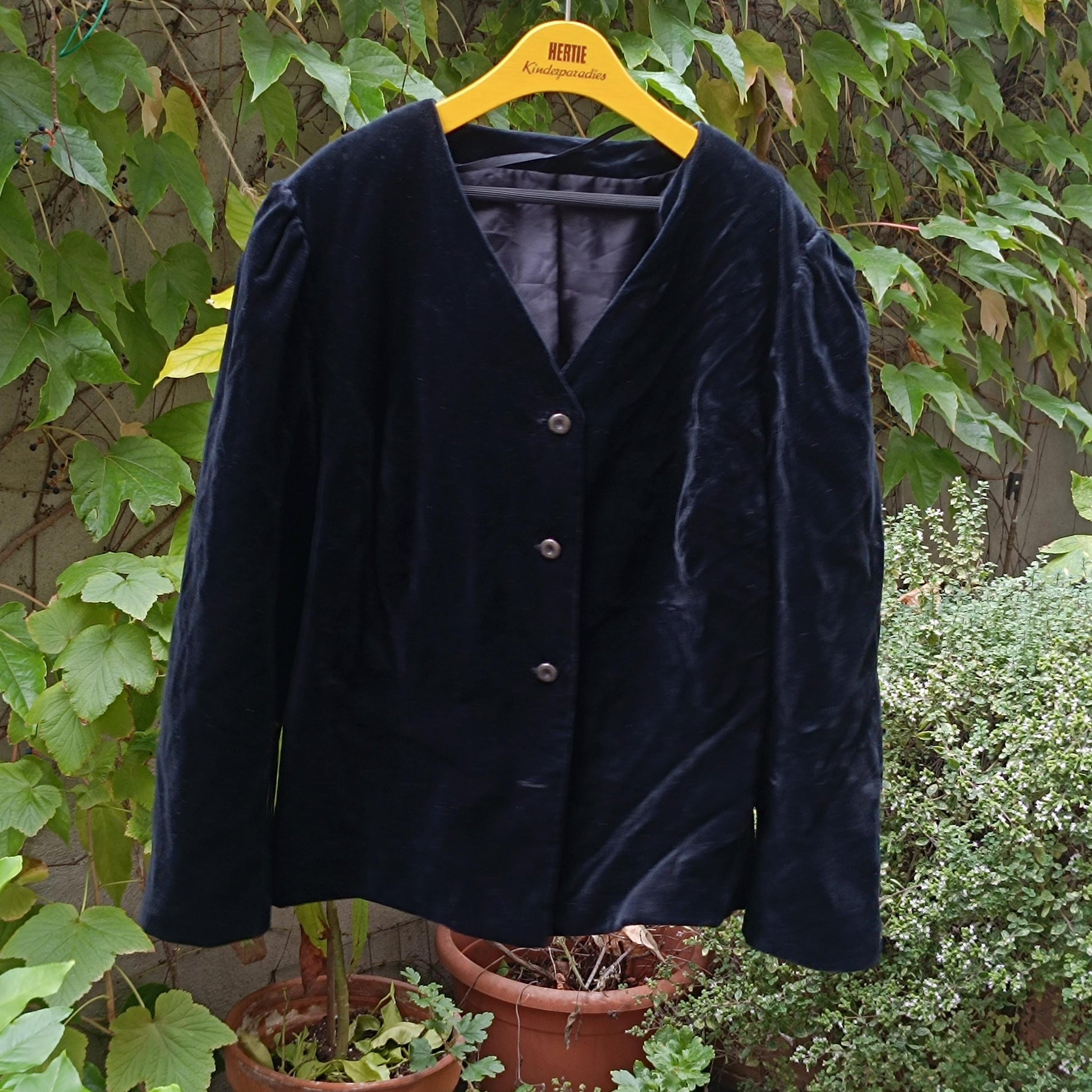 Vintage Black Velvet Blazer 100% Cotton Boxy Puffed Sleeve 80s Creation Atelier