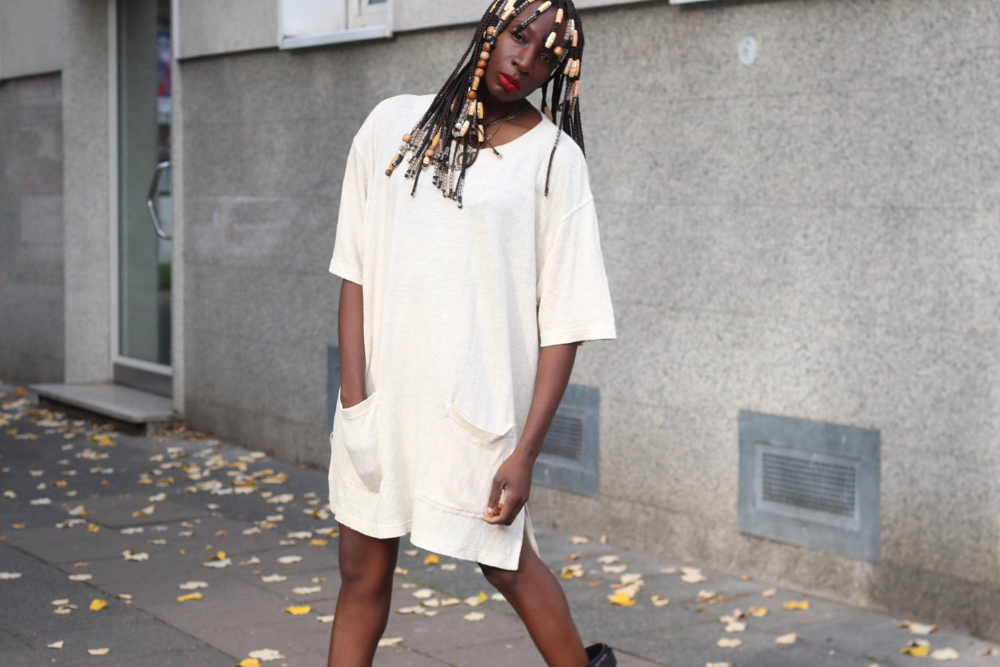 Vintage Franca Francani Linen Tunic Dress Oversized Short Sleeve Pocket Size 42