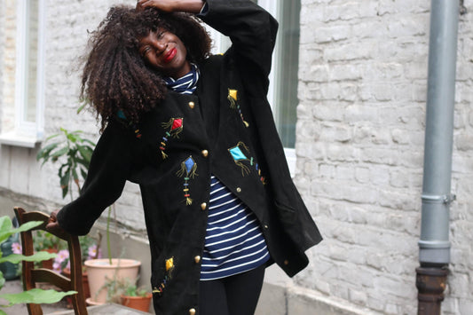 Vintage Black Suede Jacket Colorful Kite Appliqué Oversize Leather Coat 90s