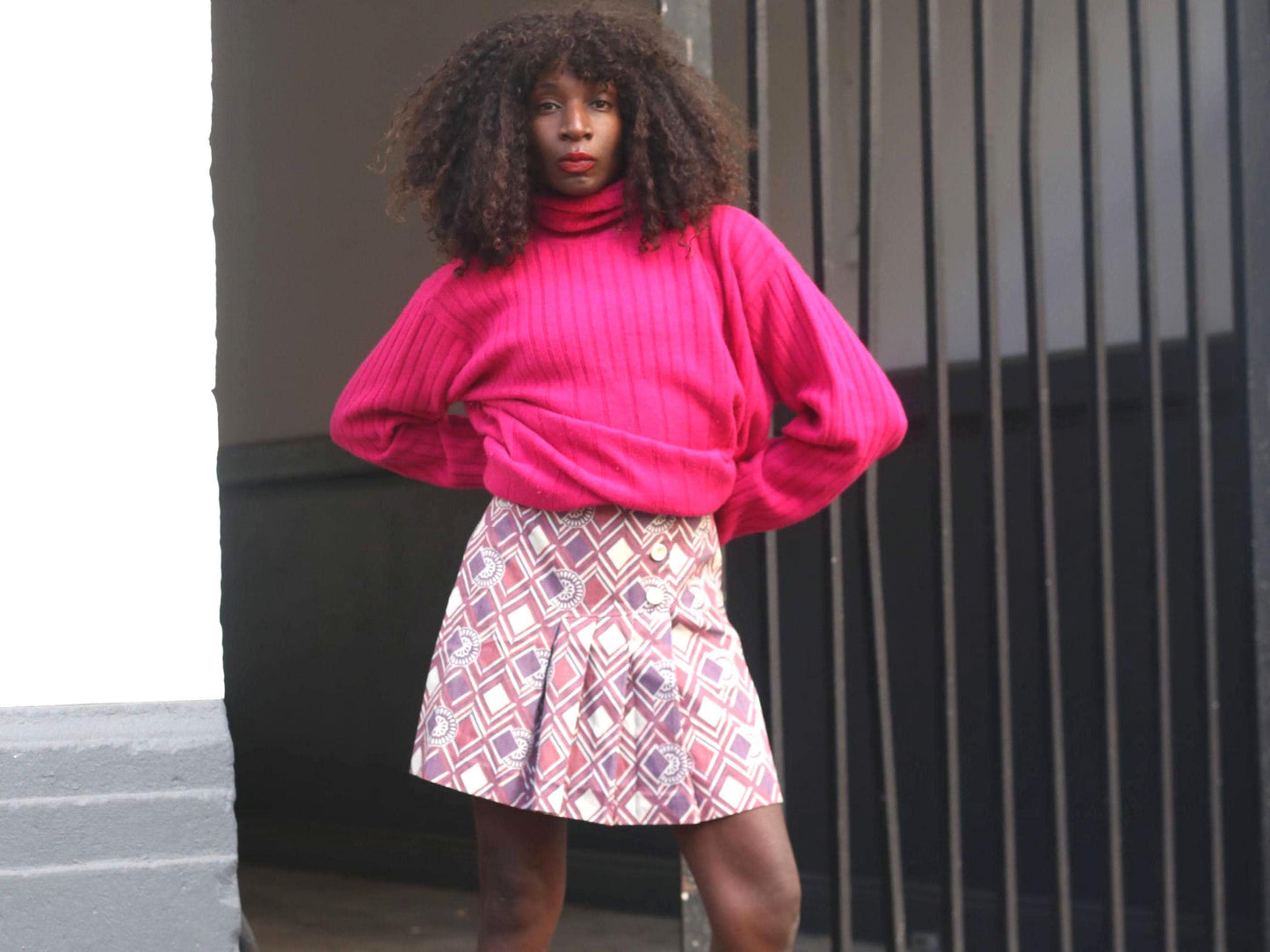 Vintage 70s Geometric Mini Skirt | Purple A-Line Pleated Mod