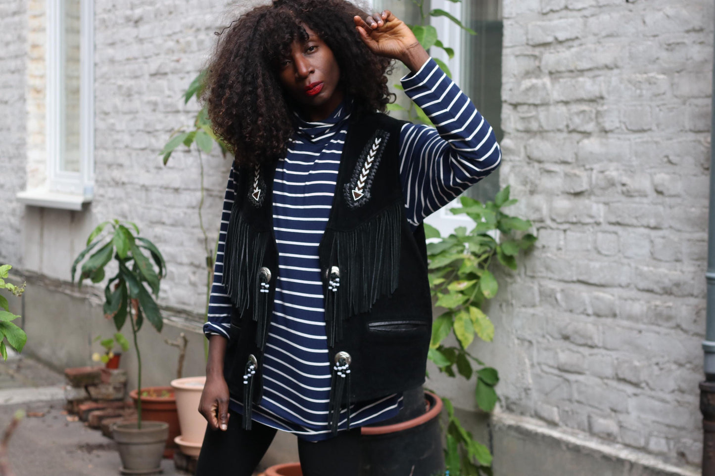 Vintage Suede Fringe Vest Black | Embroidered Western Boho Unisex Waistcoat