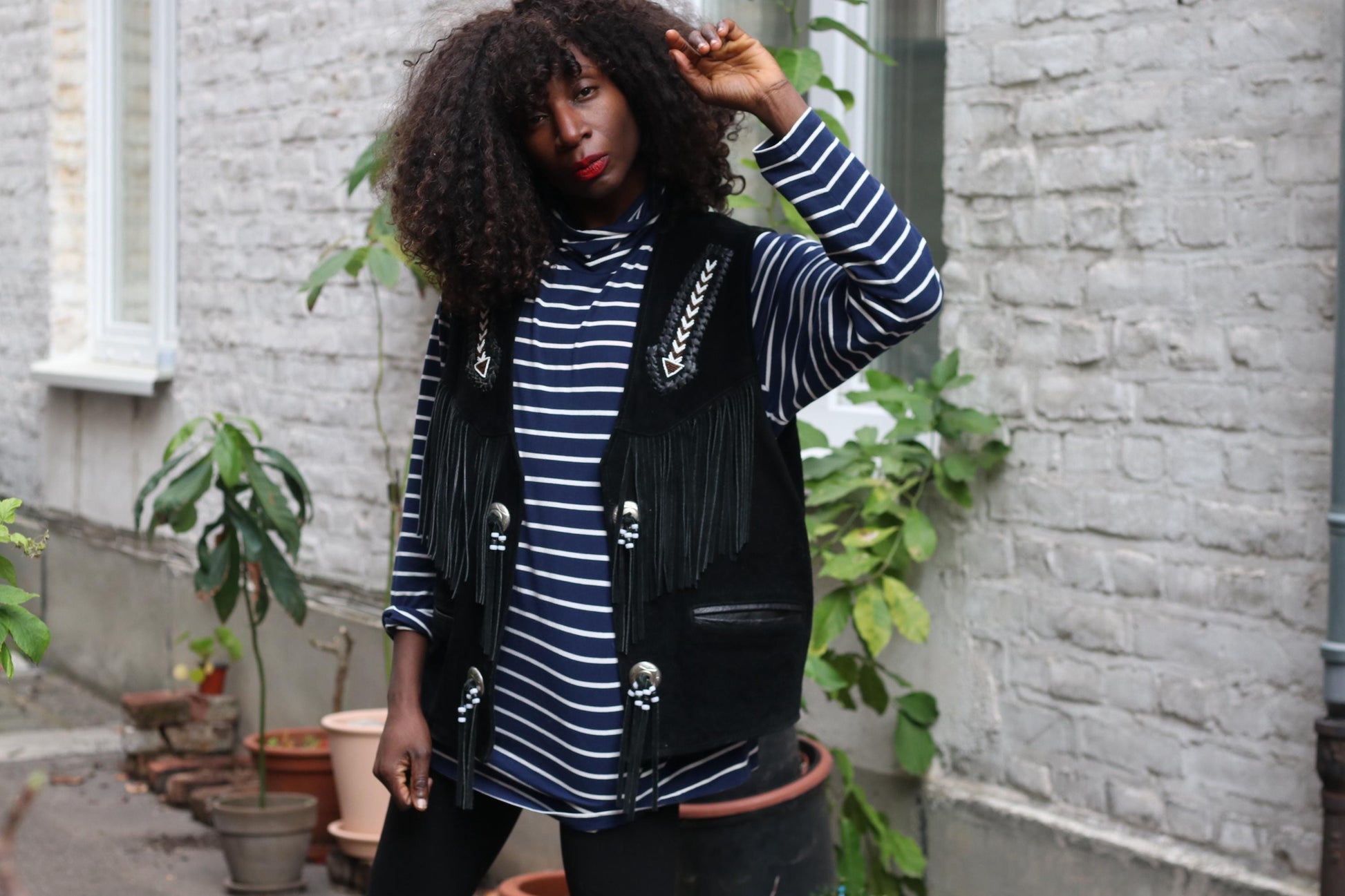 Vintage Suede Fringe Vest Black | Embroidered Western Boho Unisex Waistcoat