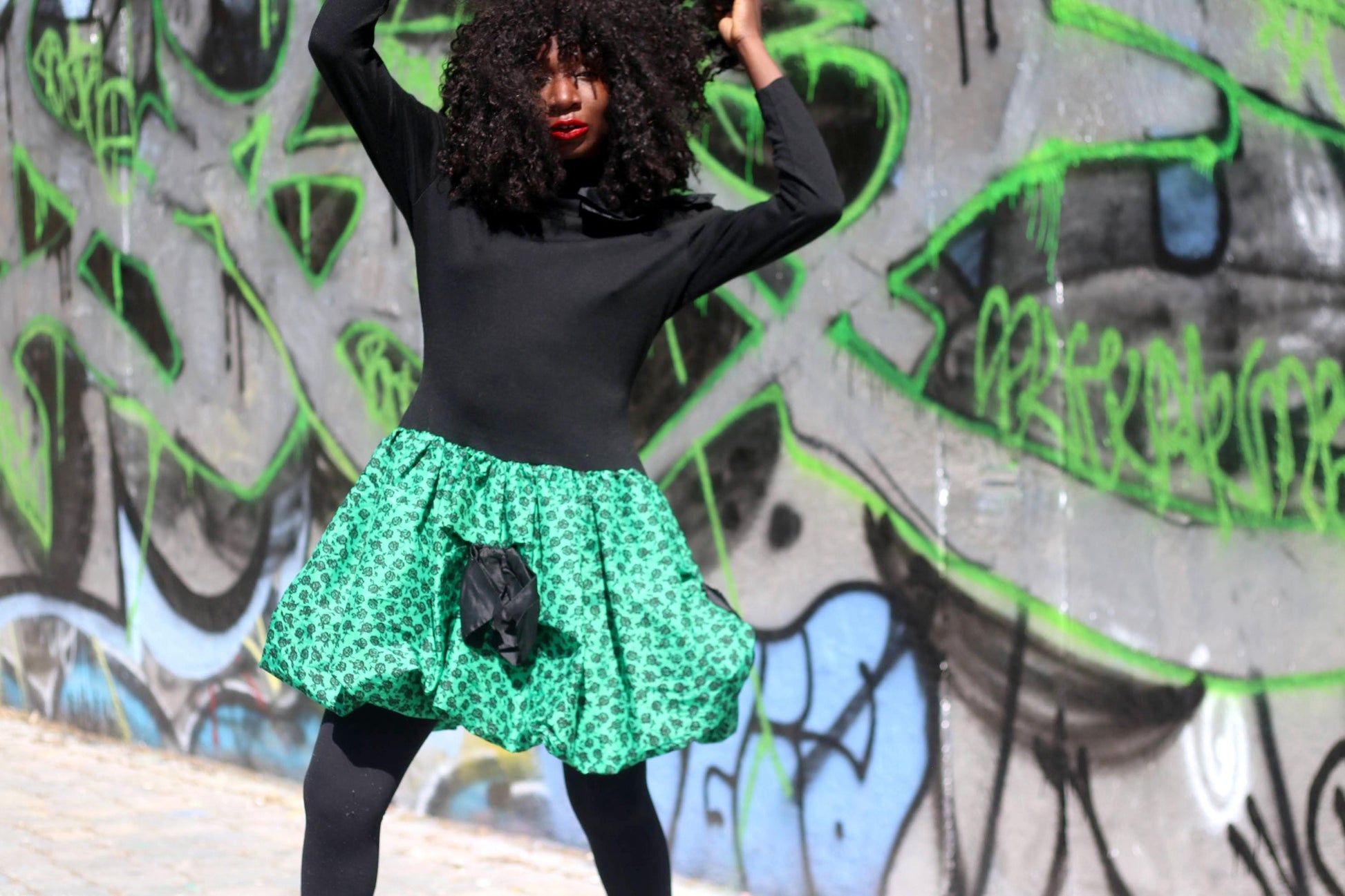 Vintage 80s Handmade Mini Dress Black Green Balloon Skirt High Neck Bow Applique XS-S