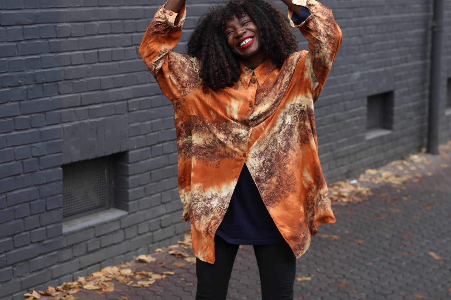 Vintage 90s Animal Print Blouse Orange Shirt Dress Oversized Long Shirt