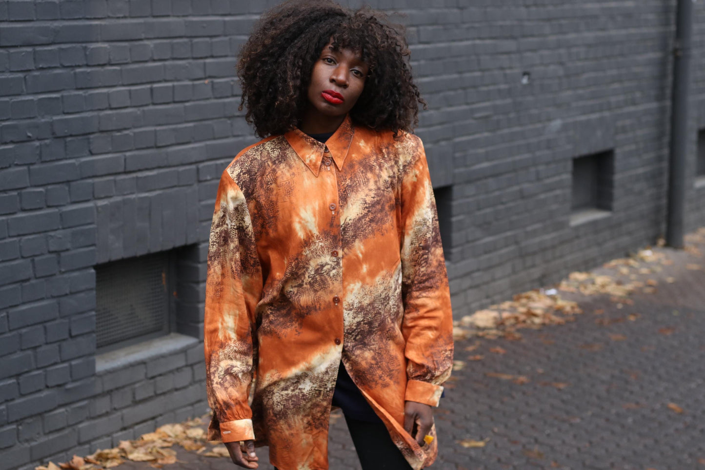 Vintage 90s Animal Print Blouse Orange Shirt Dress Oversized Long Shirt