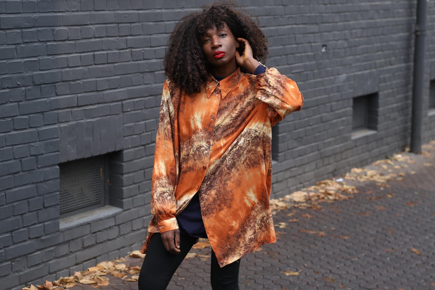 Vintage 90s Animal Print Blouse Orange Shirt Dress Oversized Long Shirt