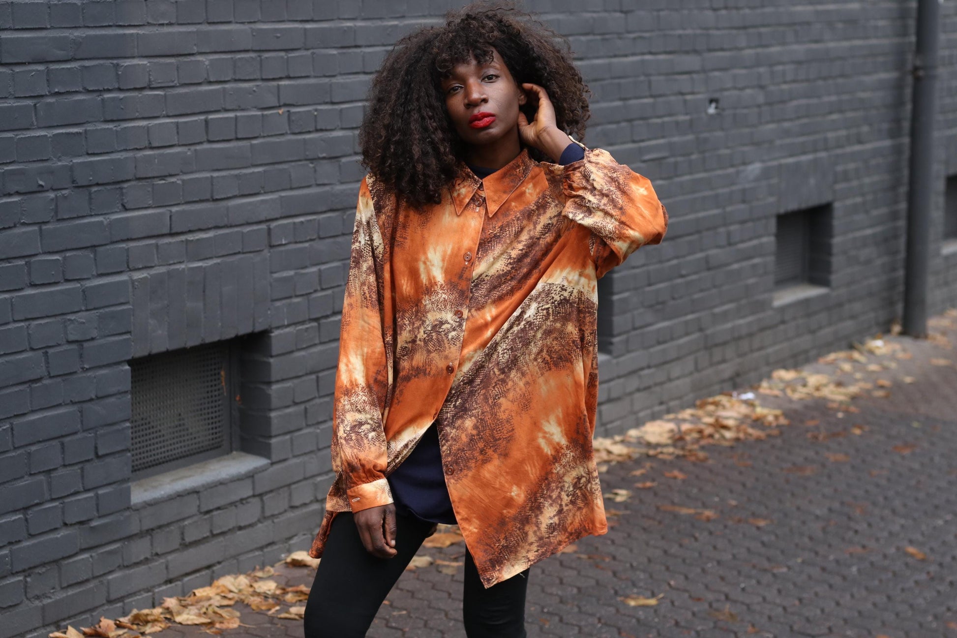 Vintage 90s Animal Print Blouse Orange Shirt Dress Oversized Long Shirt