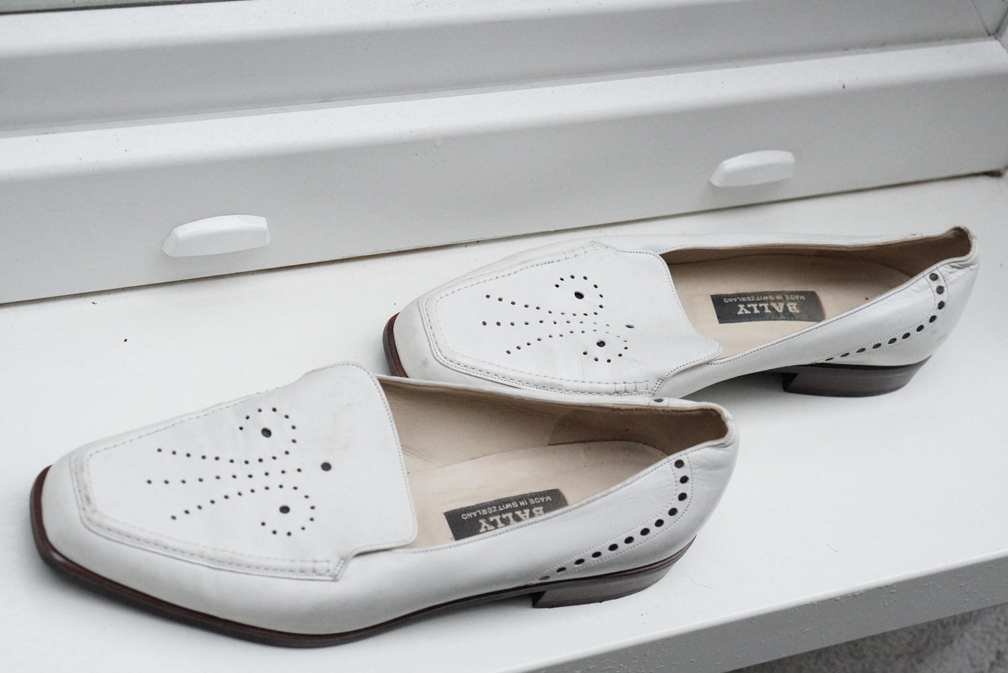 Vintage BALLY White Leather Loafers Moccasin 4.5| Perforated Designer Slip-On