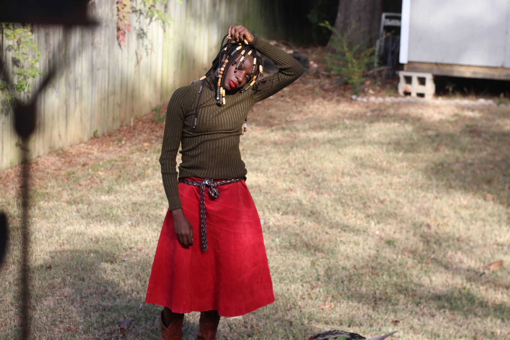 Vintage Red Suede Leather Skirt Midi A-Line Size 12 100% Leather Statement Skirt