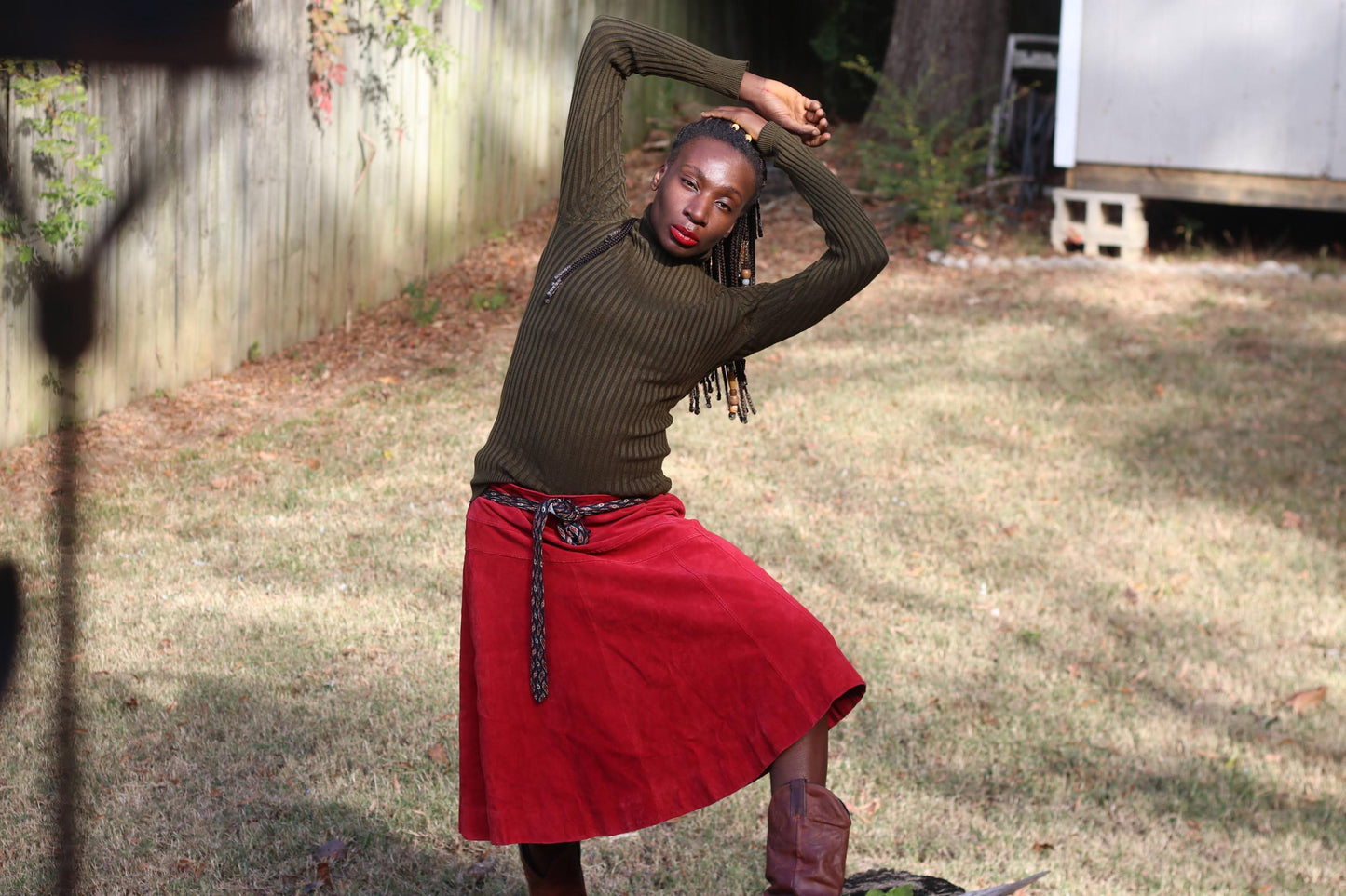 Vintage Red Suede Leather Skirt Midi A-Line Size 12 100% Leather Statement Skirt