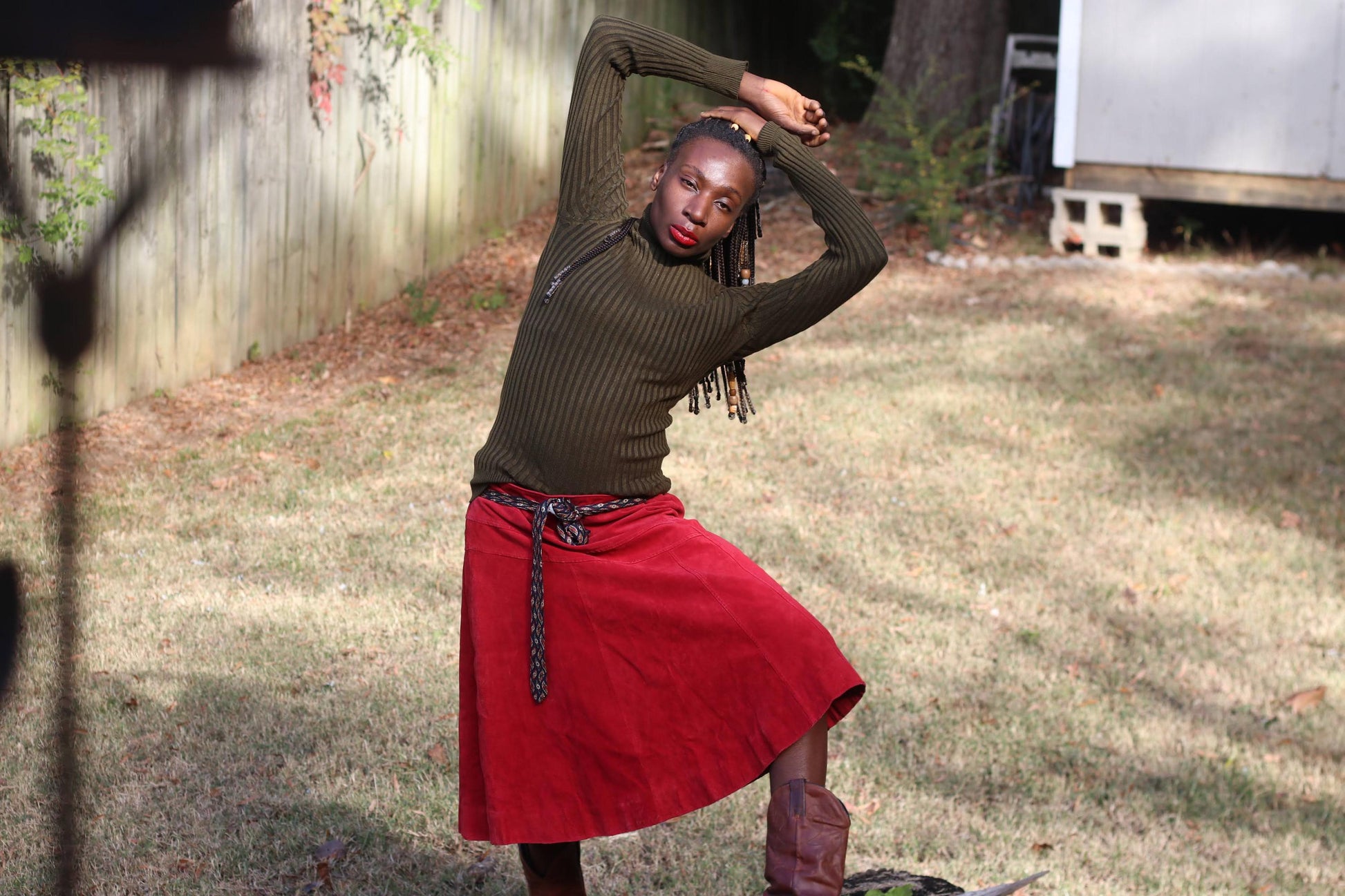 Vintage Red Suede Leather Skirt Midi A-Line Size 12 100% Leather Statement Skirt