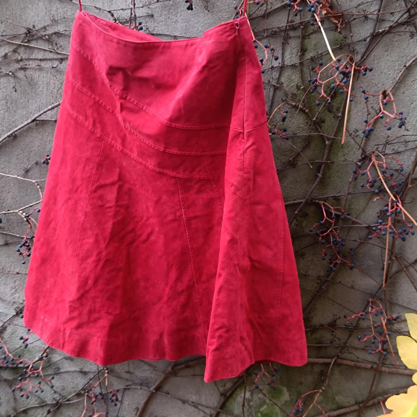 Vintage Red Suede Leather Skirt Midi A-Line Size 12 100% Leather Statement Skirt