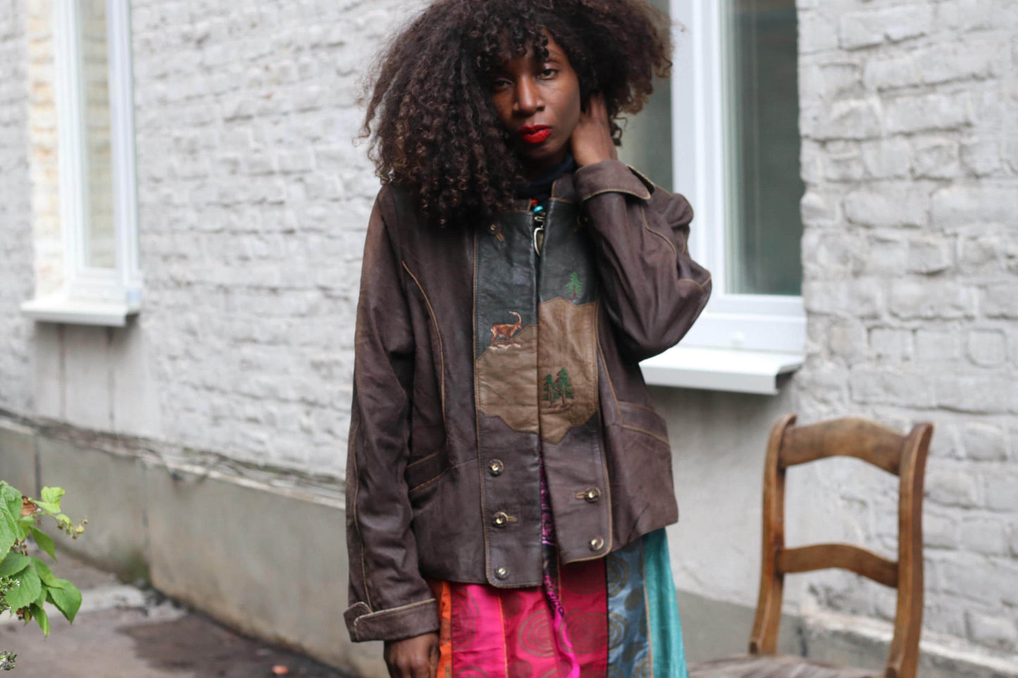 Vintage Bavarian Folk Leather Patchwork Jacket | Brown Cottagecore Core Coat | Embroidered S-M