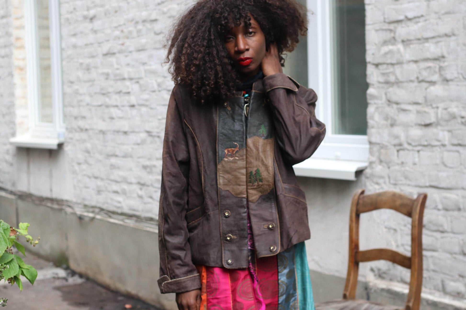 Vintage Bavarian Folk Leather Patchwork Jacket | Brown Cottagecore Core Coat | Embroidered S-M