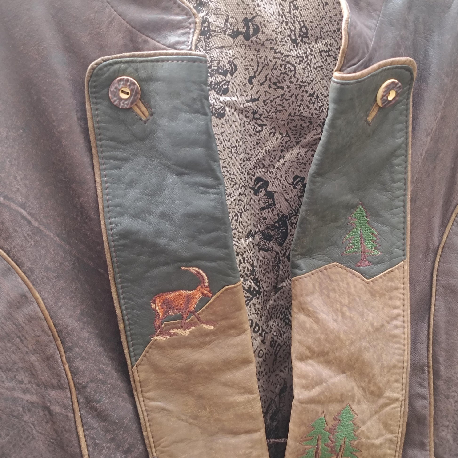 Vintage Bavarian Folk Leather Patchwork Jacket | Brown Cottagecore Core Coat | Embroidered S-M