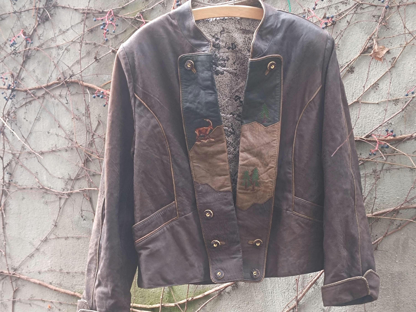 Vintage Bavarian Folk Leather Patchwork Jacket | Brown Cottagecore Core Coat | Embroidered S-M