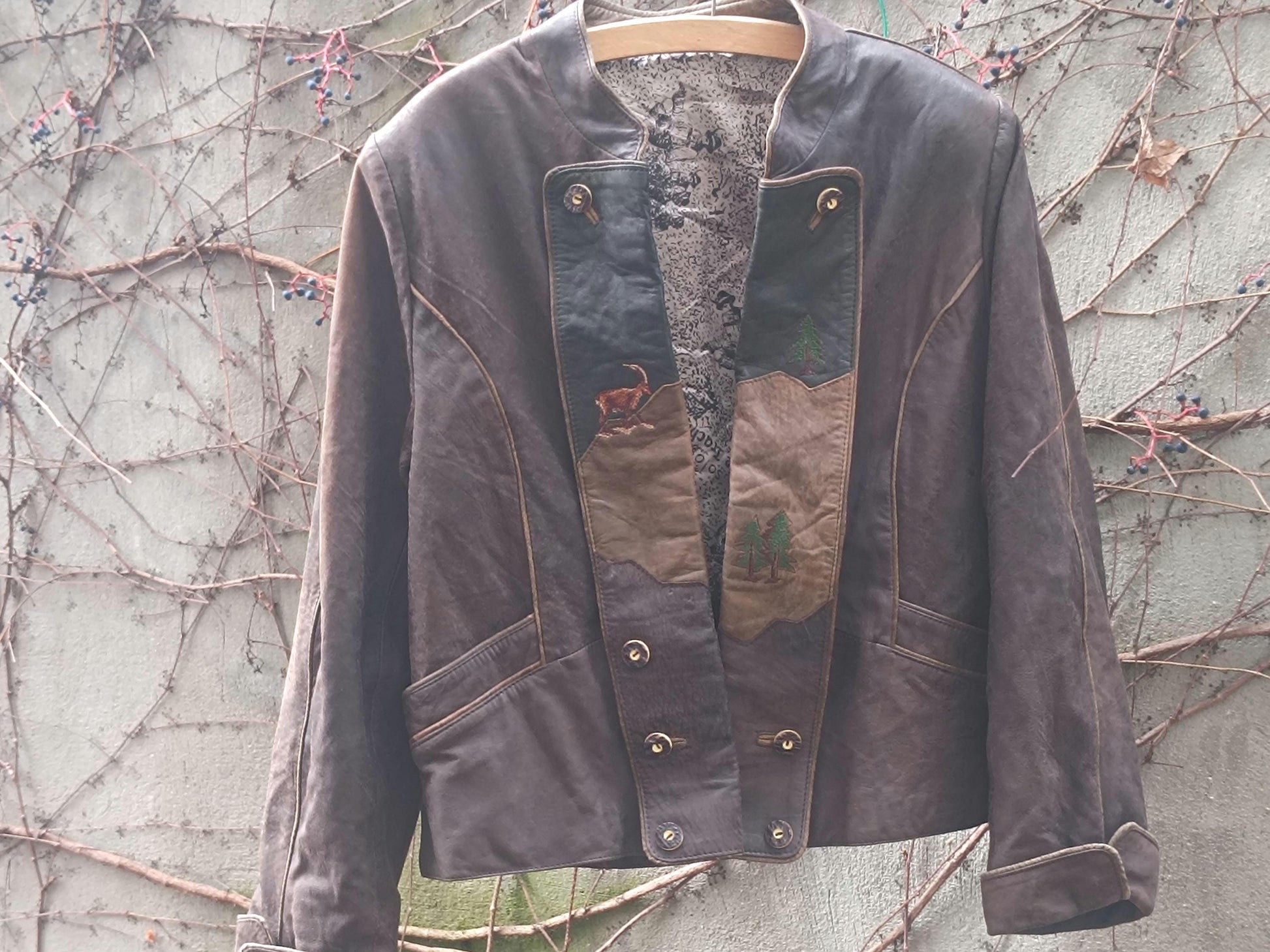 Vintage Bavarian Folk Leather Patchwork Jacket | Brown Cottagecore Core Coat | Embroidered S-M