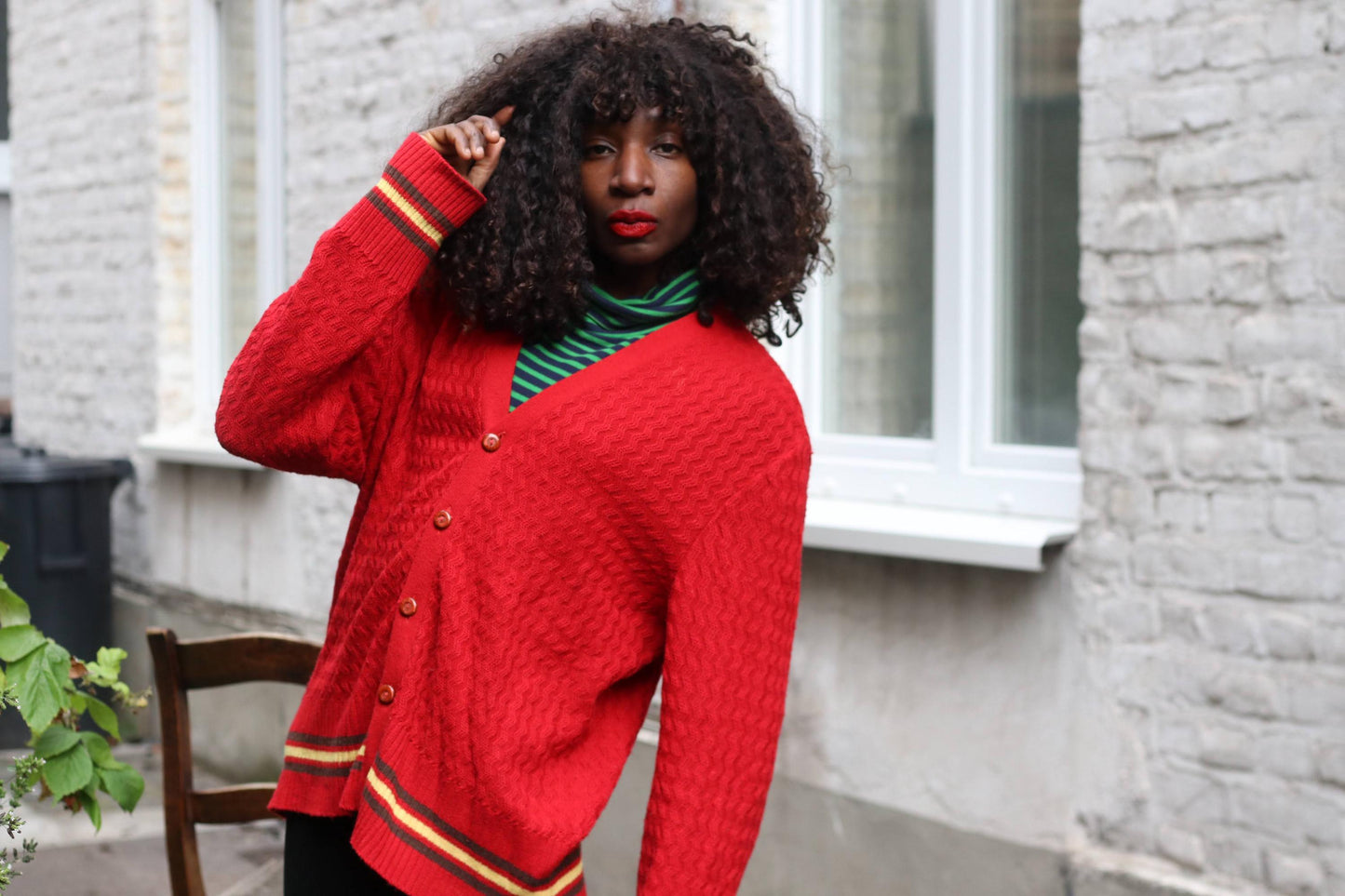 Vintage Red College Style Cardigan Sweater Textured Knit Bright Stripe