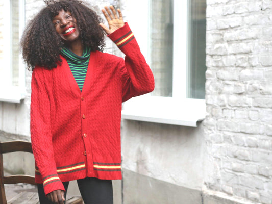 Vintage Red College Style Cardigan Sweater Textured Knit Bright Stripe