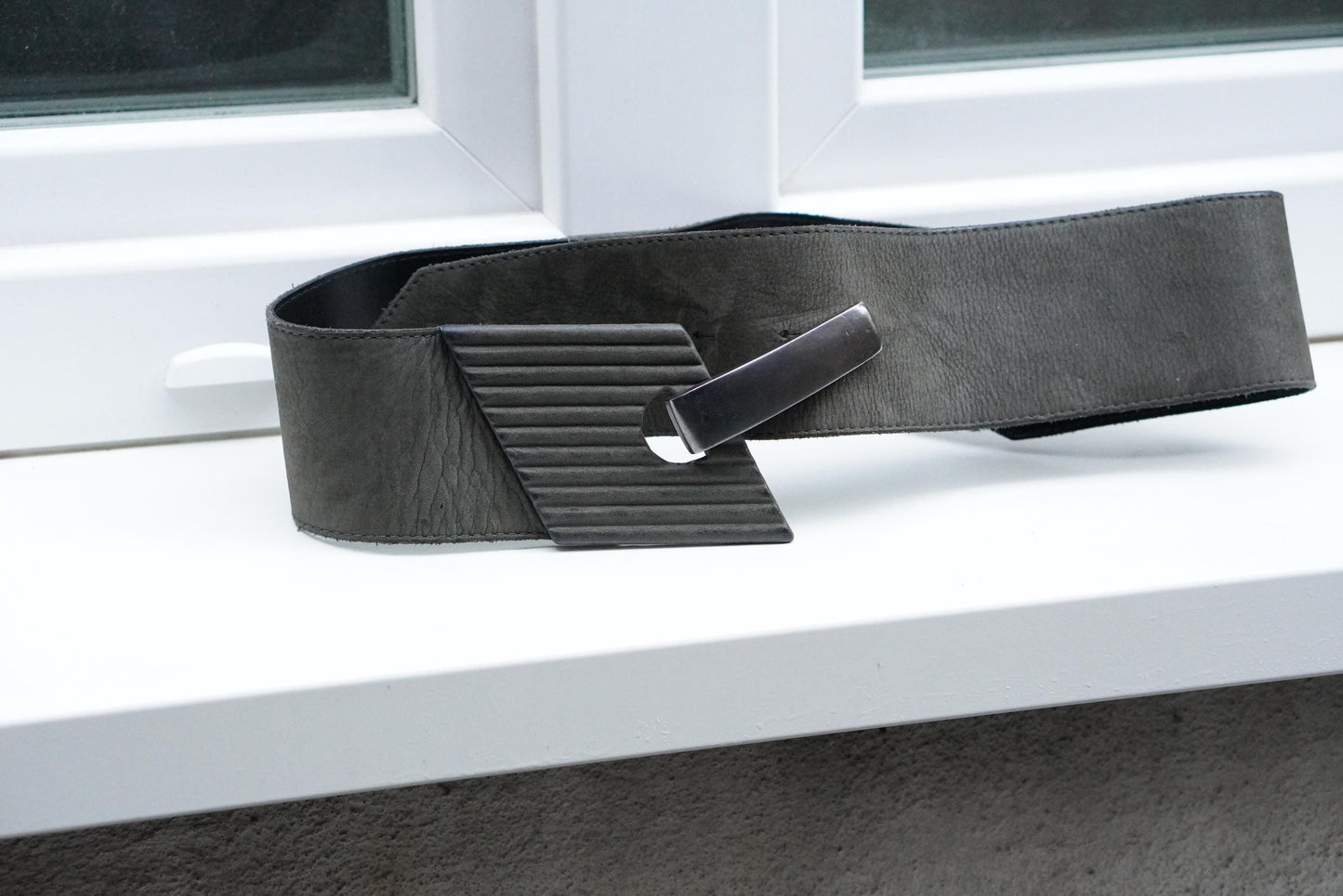 Vintage MARC CAIN Wide Leather Belt | Geometric Buckle Dark Taupe Designer M/L