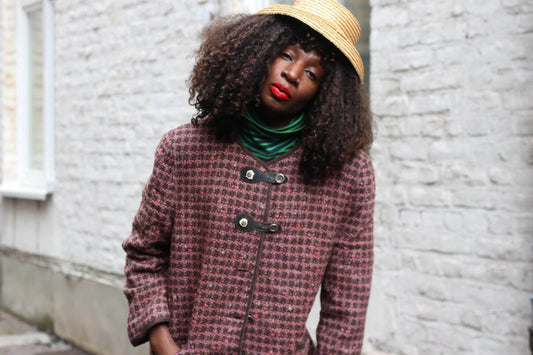Vintage Tweed Wool Blend Coat | Burgundy Brown Toggle Clasp Jacket