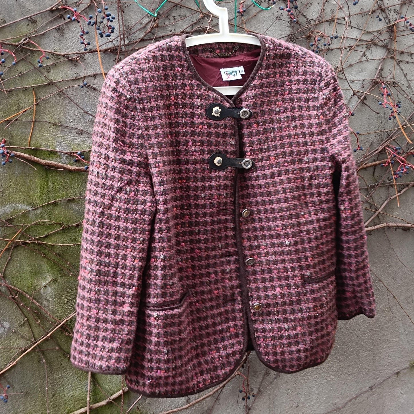 Vintage Tweed Wool Blend Coat | Burgundy Brown Toggle Clasp Jacket