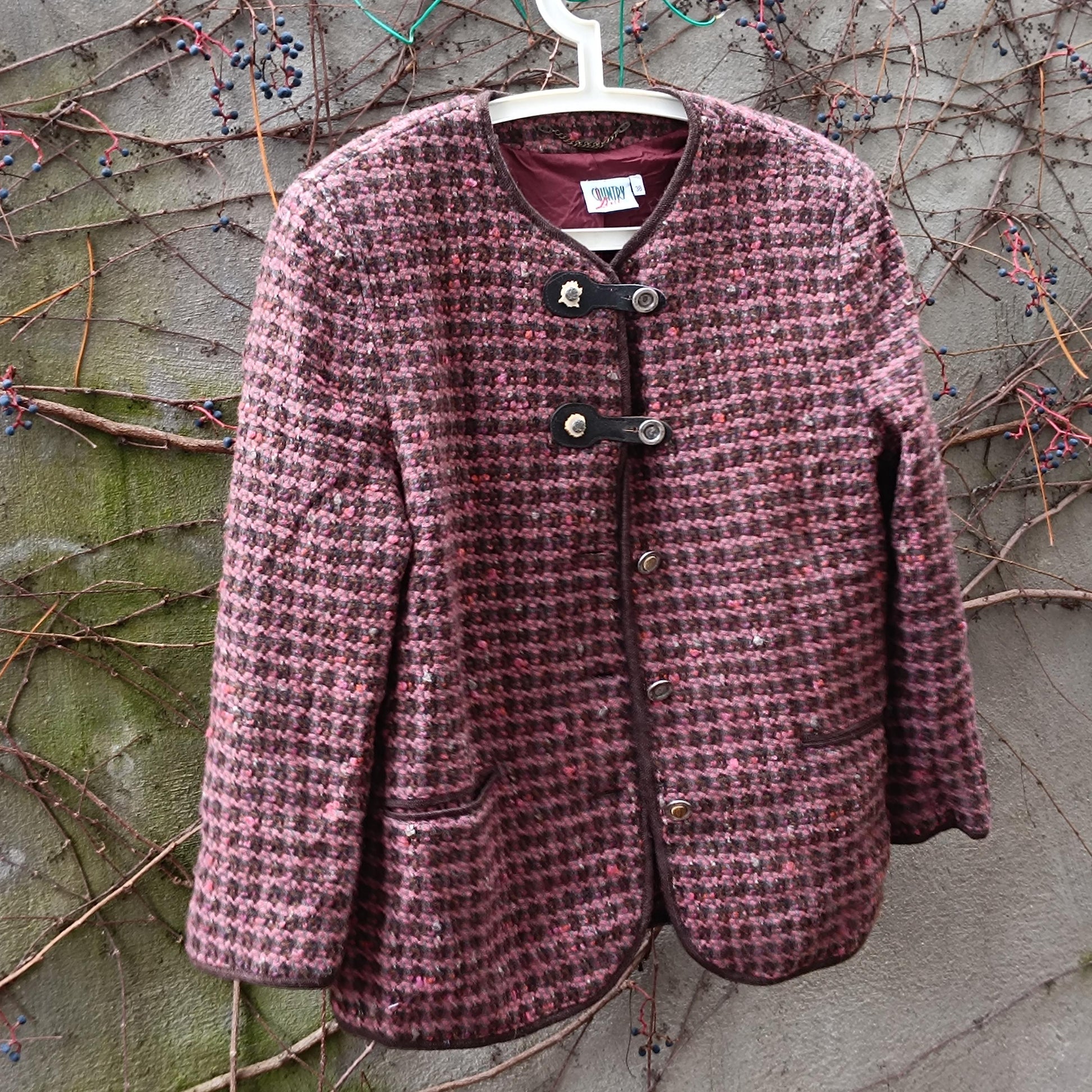 Vintage Tweed Wool Blend Coat | Burgundy Brown Toggle Clasp Jacket