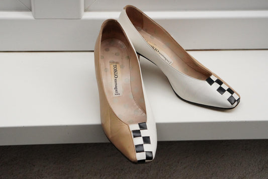 Vintage Tokio Kumagaï Checkered Leather Pumps 37.5 Made in Italy