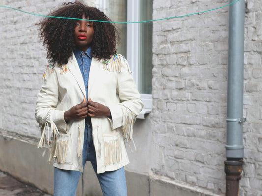 Michel Bachoz Vintage Fringe Leather Jacket Beaded Boho Western Hippie