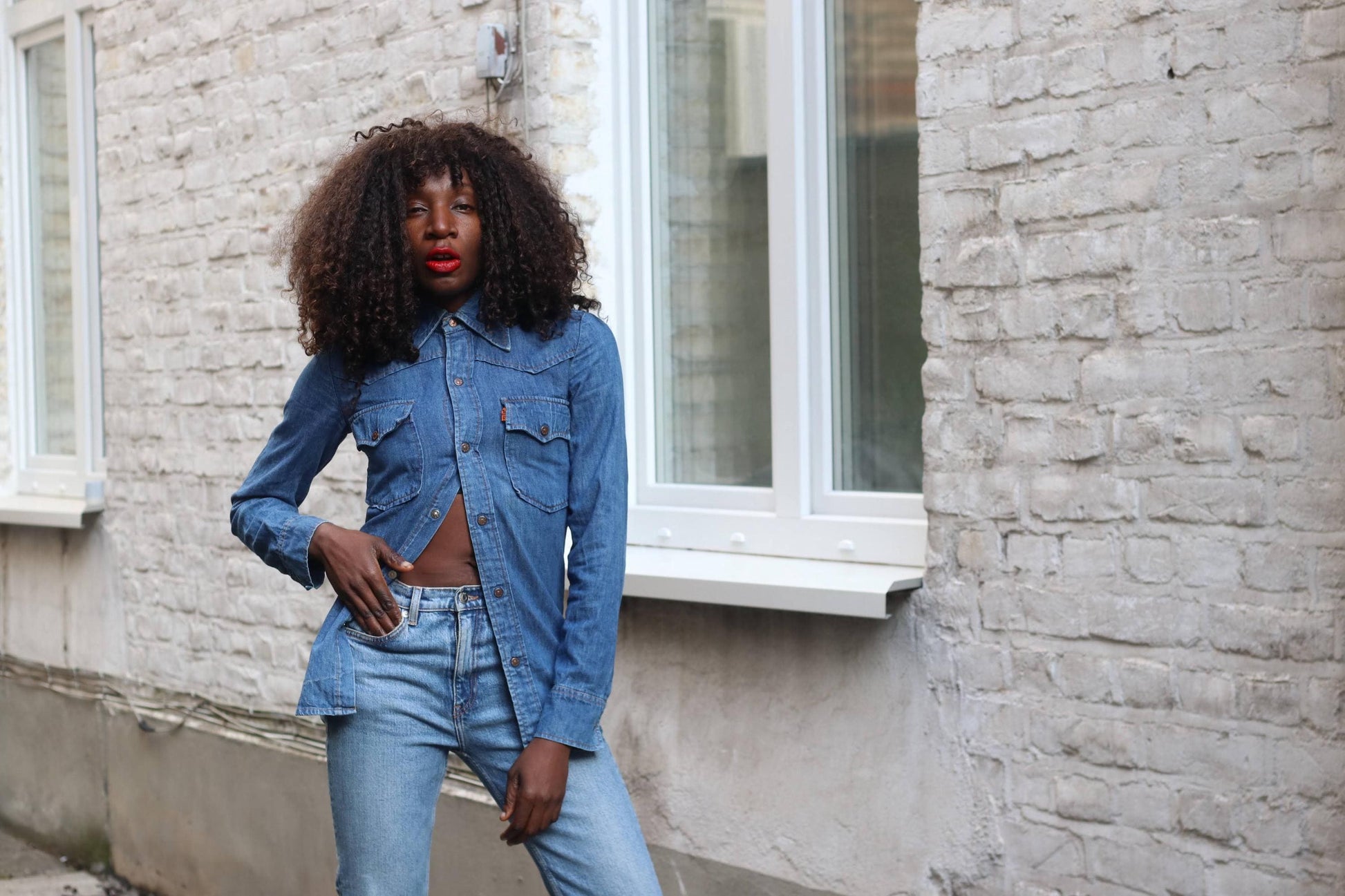 RARE 1973 Levi's Orange Tab Denim Shirt XS Western 70s Slim Fit Pearl Snap