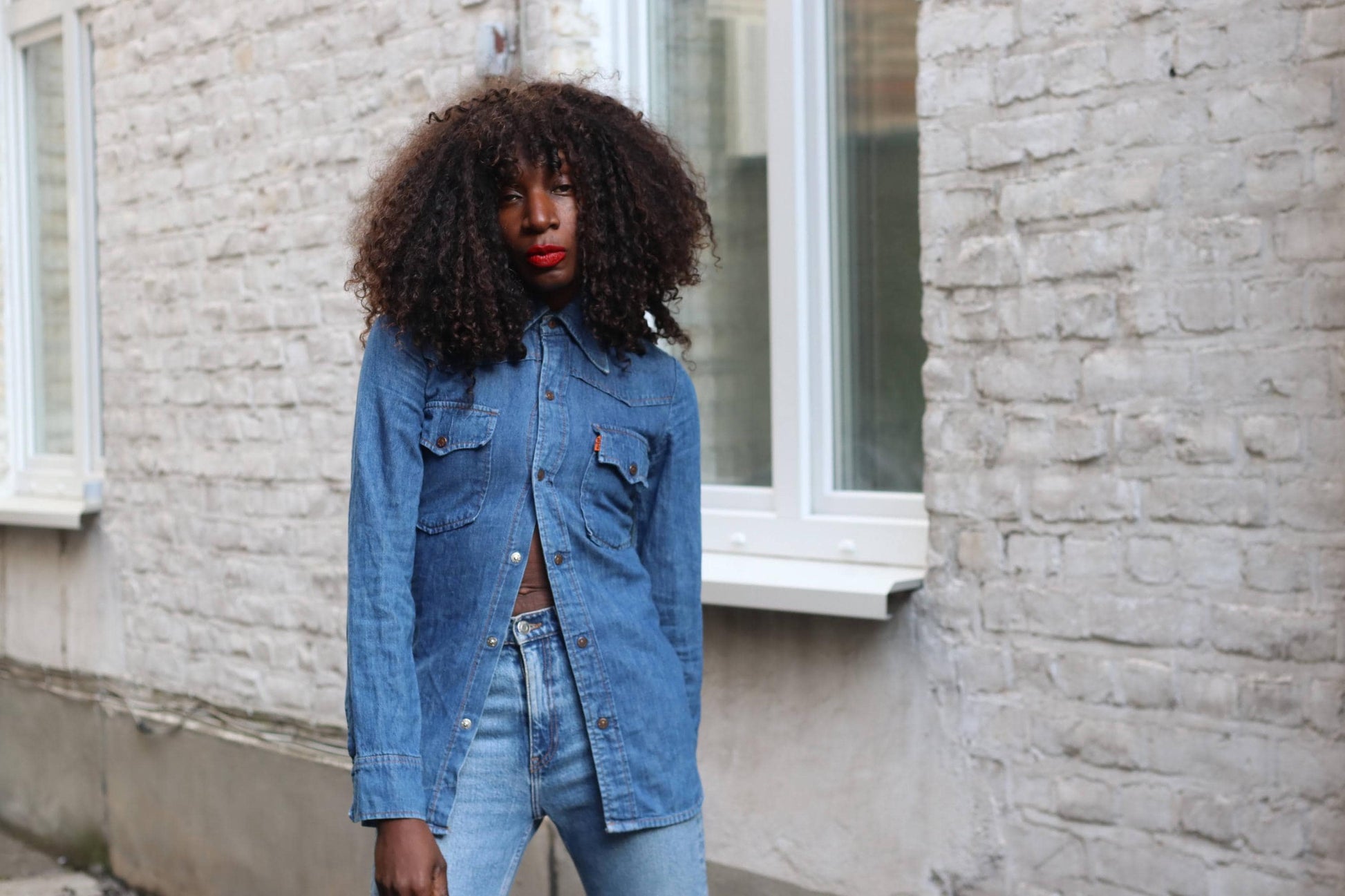 RARE 1973 Levi's Orange Tab Denim Shirt XS Western 70s Slim Fit Pearl Snap